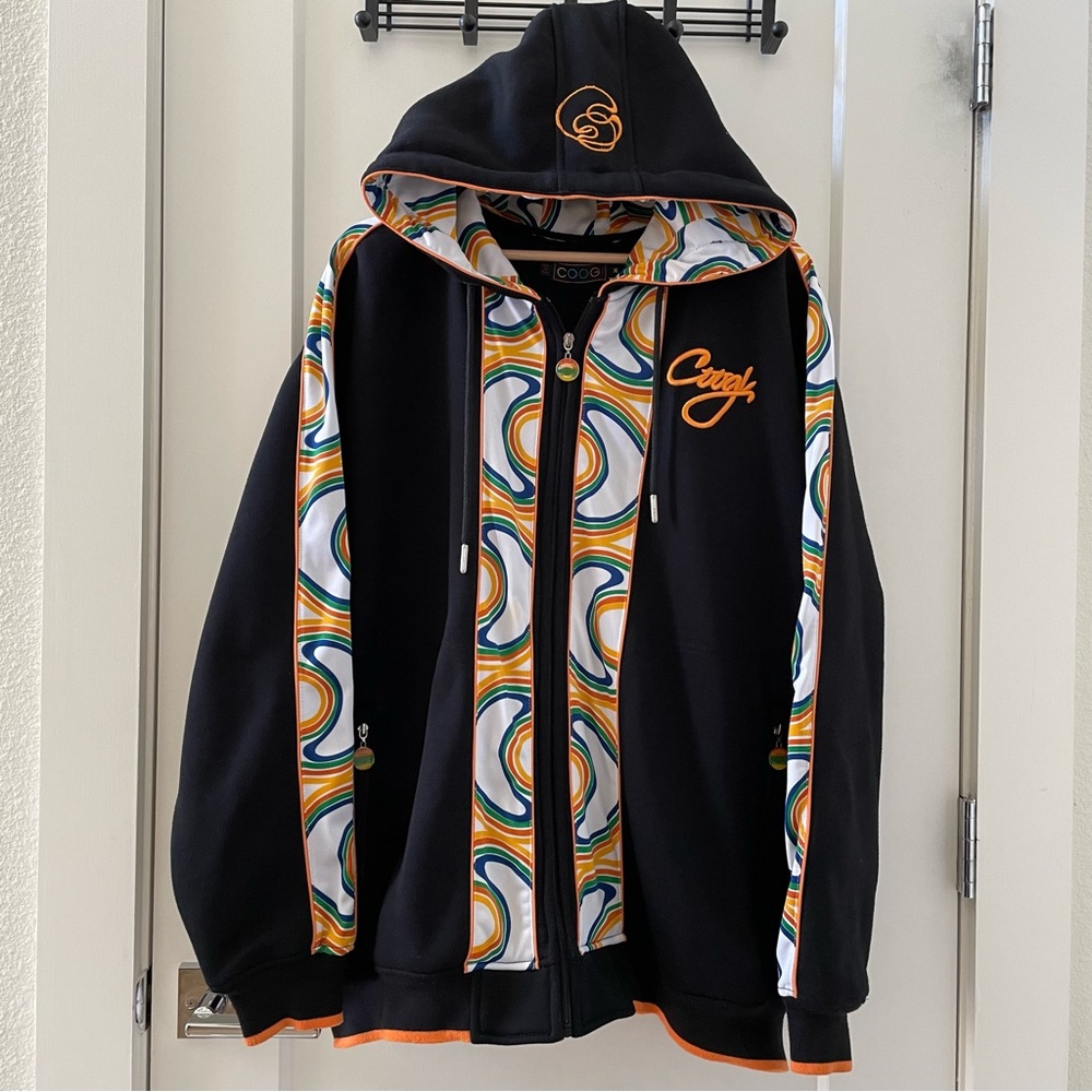 COOGI Black Hoodie Jacket with Multicolor Retro Swirl Panels
